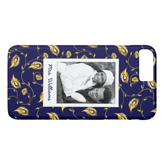 Je foto toevoegen | Donkerblauw Peacock-patroon Case-Mate iPhone Case (Achterkant (Horizontaal))