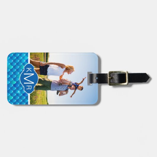 Je foto toevoegen | Neon Blue Fish Scales Bagagelabel (Voorkant horizontaal)