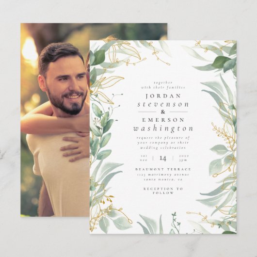 Je foto toevoegen | Waterverf groen en gouden brui Uitnodiging Briefkaart (Voorkant / Achterkant)