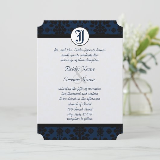Je fotomarinemacht en Black Damask Wedding Kaart (Staand voorkant)