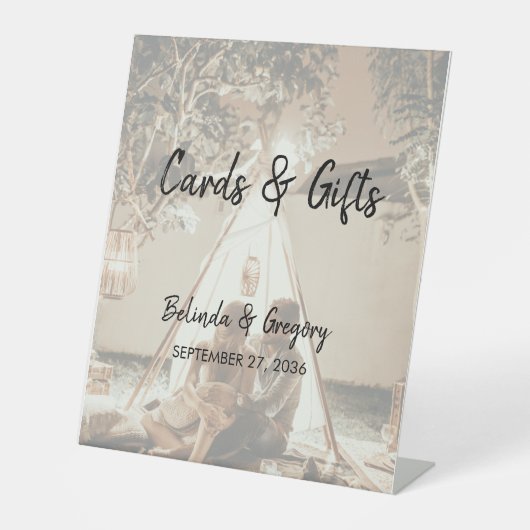 Je foto's met bruidskaarten en cadeaus reclamebord met voetstuk (Voorkant)