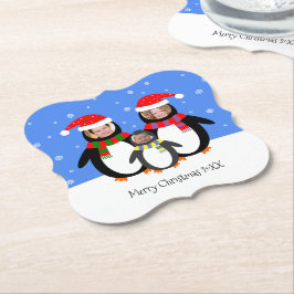 Je foto's winterpinguïnfamilie xmas kartonnen onderzetters