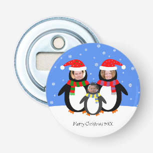 Je foto's winterpinguïns button flesopener