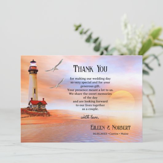 Je fotovuurtoren strand bruiloft bedankt je kaart (Staand voorkant)