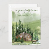 Je gastenkamer is verhuisd Cabin Mountain Forest Aankondigingskaart (Voorkant / Achterkant)