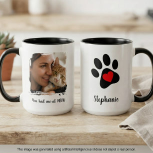 "Je had me al bij miauw" foto en pootafdruk Tweekleurige Koffiemok