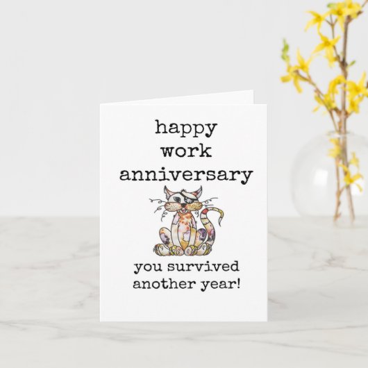 Je hebt nog een jaar overleefd! Grumpy Cat, Jubile Kaart (Gele Bloem)