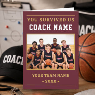 Je hebt ons overleefd Coach Grappige Basketbal Fot Bedankkaart