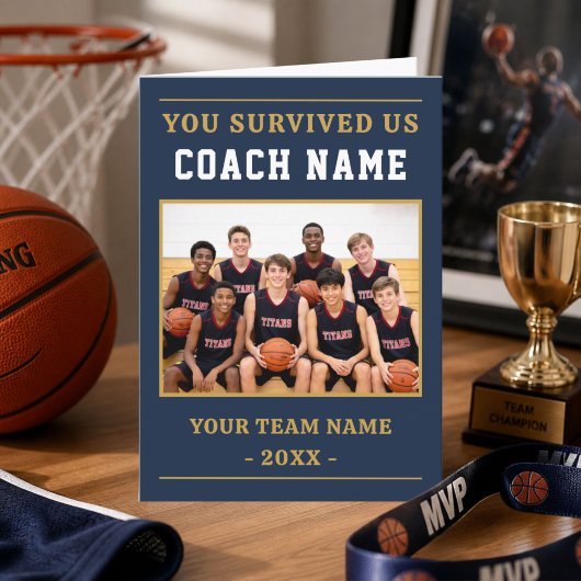 Je hebt ons overleefd Coach Grappige Basketbal Fot Bedankkaart
