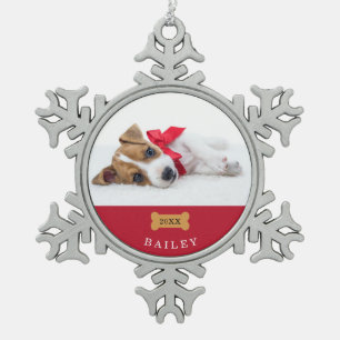 Je hond is de eerste kerst Rood met foto Tin Sneeuwvlok Ornament