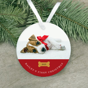 Je hond is de eerste kerst   Rood met twee foto's Ornament