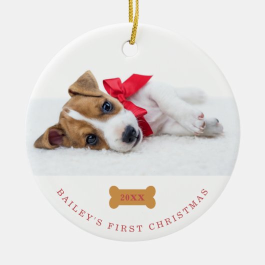 Je hond is de eerste kerst | Wit met twee foto's Keramisch Ornament (Voorkant)