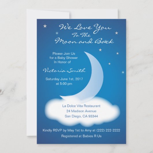 Je houdt van het Baby shower Moon en Back - Blauw Kaart (Voorkant)