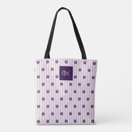 Je Initialen Violet, Blush Stripes Violet Flowers Tote Bag (Achterkant)