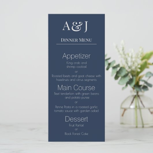 Je initiële letters op Navy Blauw Modern en Elegan Menu (Staand voorkant)