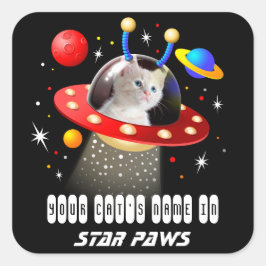 Je katten naam en afbeelding in een scifi UFO scen Vierkante Sticker
