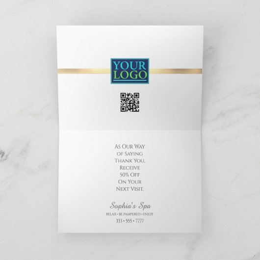 Je Logo, QR-code, bus. Naam, Penseded Gold Stripe Bedankkaart (Binnen)