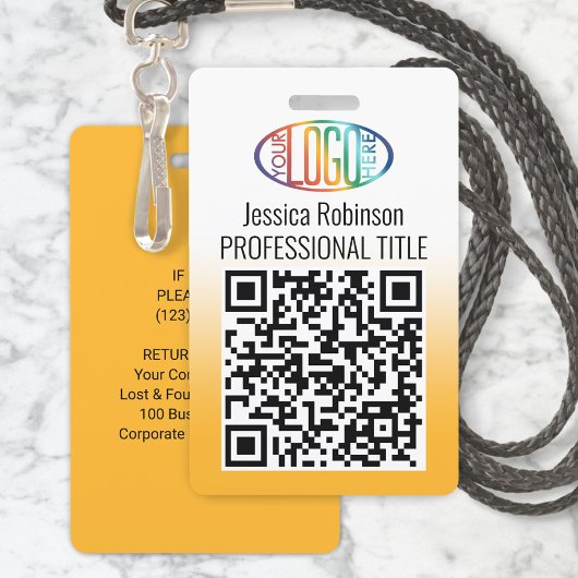 Je Logo, QR-code, naam en titel gele geleidend kle Badge