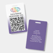 Je Logo, QR Code, Naam en Titel Paarse Gradiënt Badge (Voor- en achterkant)