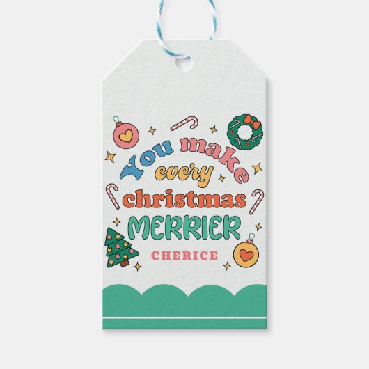 Je maakt elke kerst vrolijker | Schattigee retro Cadeaulabel (Voorkant)