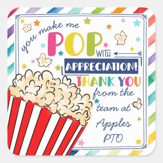 je maakt me pop bedankt popcorn vrijwilliger gunst vierkante sticker (Voorkant)
