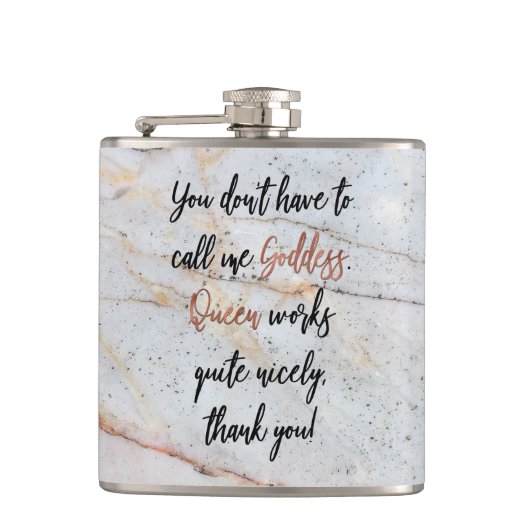 Je mag me godin noemen. Koningin werkt ook! Marmer Heupfles (Voorkant)