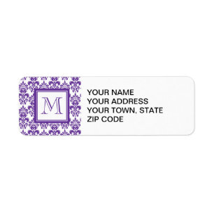 Je monogram, donkerPaars Damascus Patroon 2 Etiket