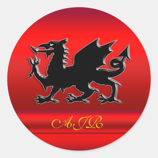 Je monogram, zwarte draak op rood metallisch uitzi ronde sticker (Voorkant)