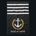 Je naam Anchor Gold Style Laurel Black Theedoek<br><div class="desc">Geef uw huis een persoonlijk tintje met keukenhanddoeken waarop uw bootnaam, familienaam of andere gewenste tekst staat. Met een aangepast nautisch bootanker, gouden laurelbladeren en sterembleem op zwart of pas de primaire kleur eenvoudig aan op het huidige thema.</div>