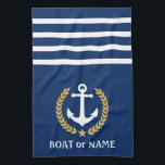 Je naam Anchor Gold Style Laurel Blue Theedoek<br><div class="desc">Geef uw huis een persoonlijk tintje met keukenhanddoeken waarop uw bootnaam,  familienaam of andere gewenste tekst staat. Met een aangepast nautisch bootanker,  gouden laurelbladeren en sterembleem op blauw of pas de primaire kleur eenvoudig aan op uw huidige thema.</div>