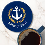 Je naam Anchor Gold Style Laurel Navy Blue Onderzetter Set<br><div class="desc">Een stijlvolle set van nautische acryl onderzetters met uw persoonlijke bootnaam,  familienaam of andere gewenste tekst. Biedt een speciaal ontworpen bootanker met gouden laurelbladeren en een ster op klassiek blauw voor de marine of pas de basiskleur eenvoudig aan om aan te passen aan uw huidige decor of thema.</div>