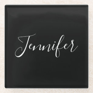 Je naam Elegant wit schrift op zwart Glazen Onderzetter