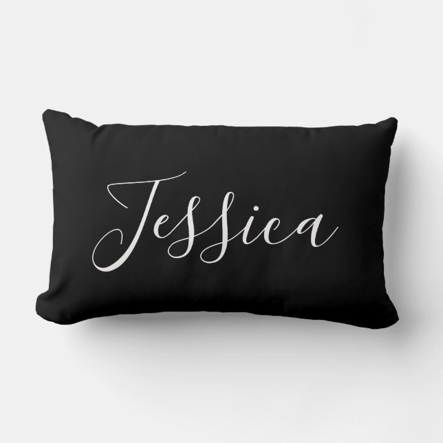 Je naam | Elegant wit schrift op zwart Kussen (Voorkant)