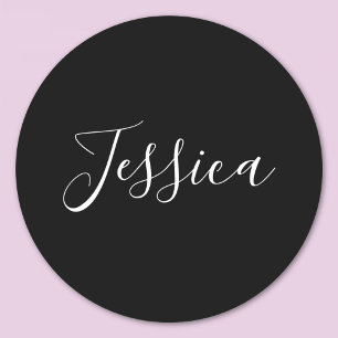 Je Naam Elegant Wit Schrift op Zwart Ronde Sticker