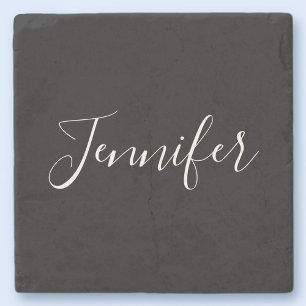 Je Naam Elegant Wit Schrift op Zwart Stenen Onderzetter