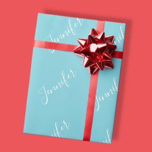 Je Naam Elegant Witte Schrift op Robin Eiblauw Cadeaupapier