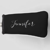 Je naam | Elegante witte script op zwart Golfheadcover (Voorkant)
