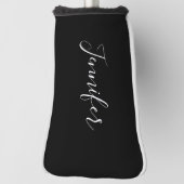 Je naam | Elegante witte script op zwart Golfheadcover (Draai 90)