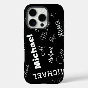 Je naam en monogram aangepast patroon zwart iPhone 16 pro hoesje