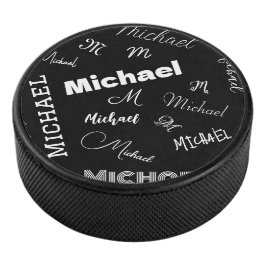 Je naam en monogram aangepast patroon zwart hockey puck