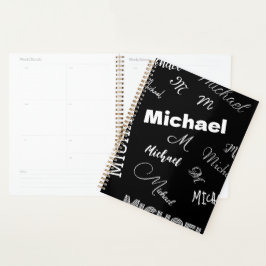 Je naam en monogram aangepast patroon zwart planner