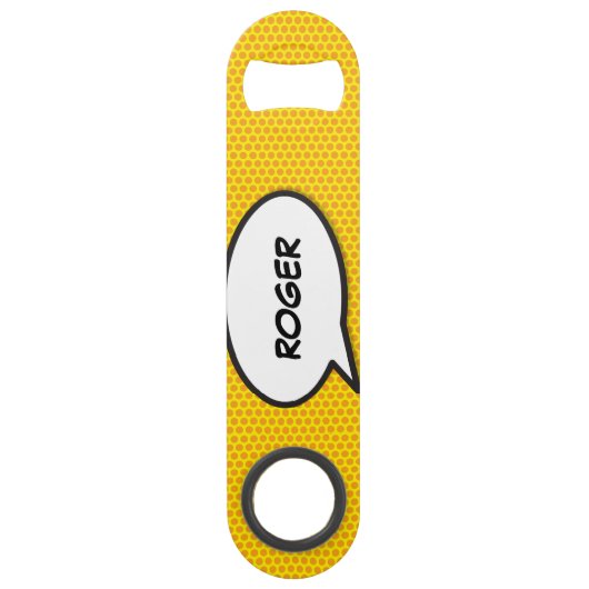 Je naam Pop Art stripboek spraakballon Speed Flessenopener (Achterkant)