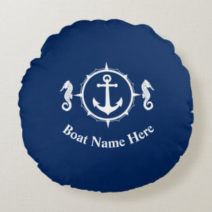 Je naam van je boot met zeemaand Anchor Blue Rond Kussen