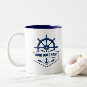 Je naam van je boot Nautical Anchor Oars Helm Navy Tweekleurige Koffiemok