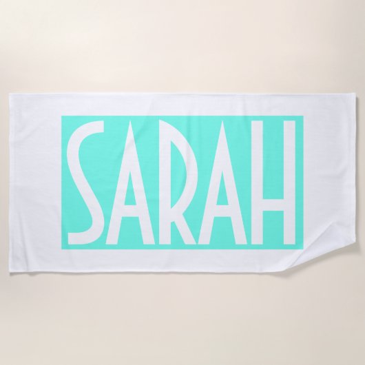 Je naam | Vet Wit Tekst op Light Aqua Strandlaken (Voorkant)