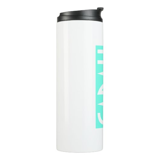 Je naam | Vetwitte tekst op Bright Aqua Thermosbeker (Gedraaid links)