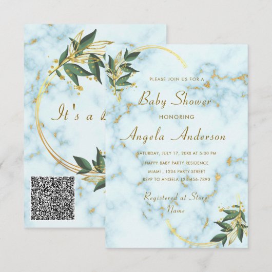 Je QR Code Baby Boy Shower Uitnodigingen Voorbeeld (Voorkant / Achterkant)
