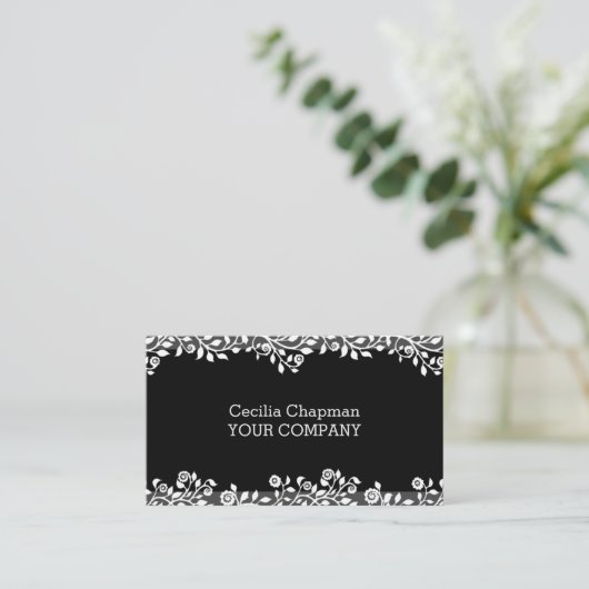 Je QR-code Floral Black elegant stijlvol Visitekaartje (Staand voorkant)