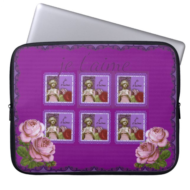 Je t'aime Paarse Romantisch Meisje  Collage Laptop Sleeve (Voorkant)