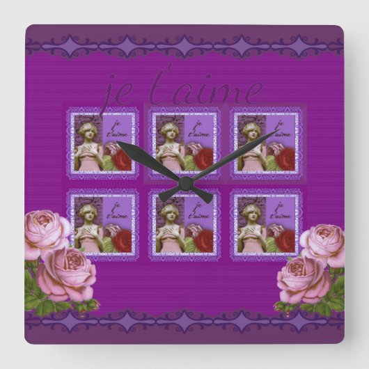 Je t'aime Paarse Romantisch Meisje  Collage Vierkante Klok (Voorkant)